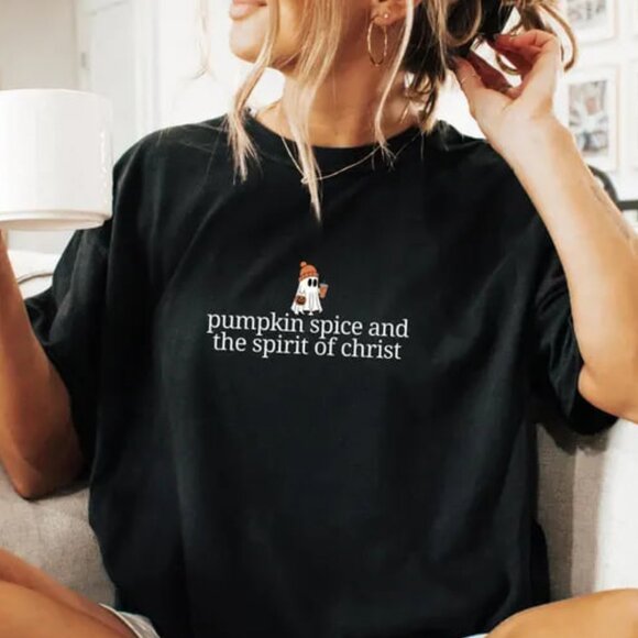Tops - Christian Halloween Shirt, Cute Ghost Pumpkin Spice Coffee, Fall Jesus Shirts
